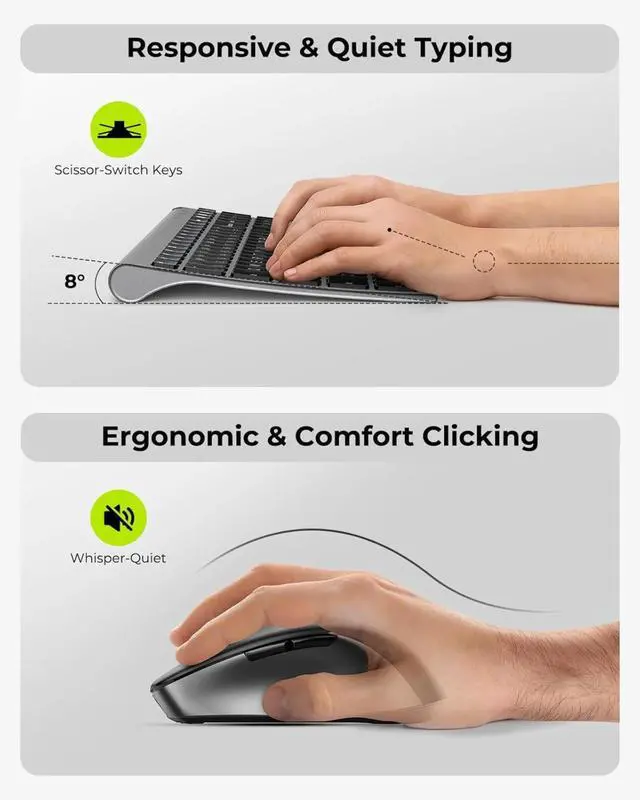 Alt view image 3 of 4 - Bluetooth Keyboard and Mouse Combo, USB+Dual BT Multi-Device, Rechargeable Wireless Keyboard Mouse, Combo Compatible - Black Grey