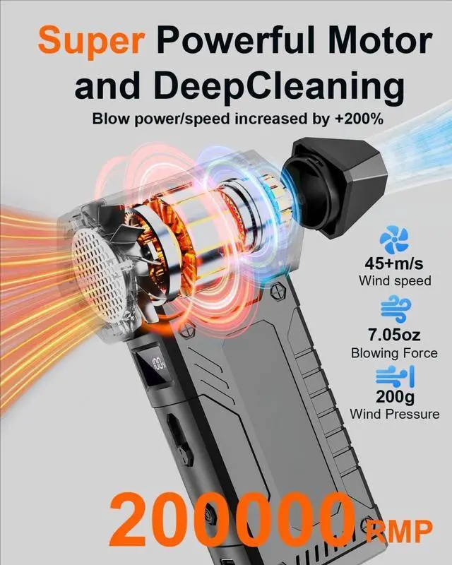 Alt view image 2 of 4 - 8 Gear Adjustable 200000RPM Electric Air Duster Rechargable Air Blower with Brusheless Motor,Keyboard Cleaning