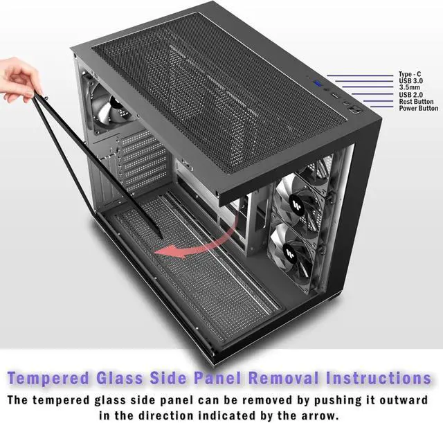 Alt view image 3 of 6 - PC CASE ATX 4 Fans Pre-Installed, Type-C Mid Tower Computer Case with Full-View Dual Tempered Glass, Gaming PC Case,Black,K4