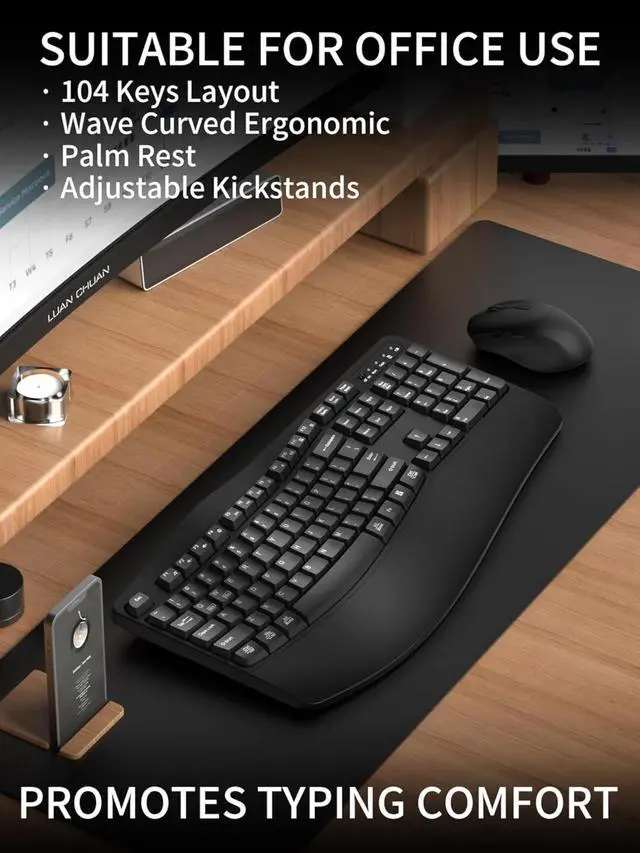 Alt view image 3 of 6 - Wireless Keyboard and Mouse Combo,2.4G Full Size Wave Keys Ergonomic Keyboard with Wrist Rest for Natural Typing (Black)