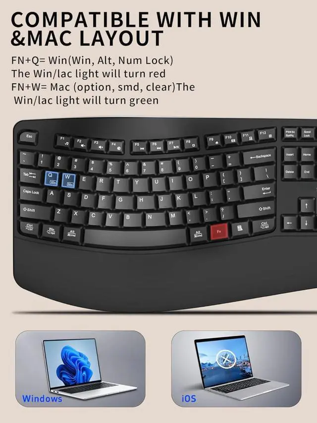 Alt view image 4 of 6 - Wireless Keyboard and Mouse Combo,2.4G Full Size Wave Keys Ergonomic Keyboard with Wrist Rest for Natural Typing (Black)