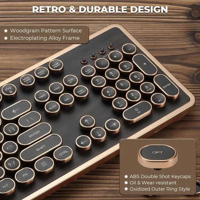 Alt view image 2 of 6 - Retro Mechanical Keyboard, Wired Full-Size 104 Keys with Typewriter Round Keycaps, Wooden Grain - Dark Brown