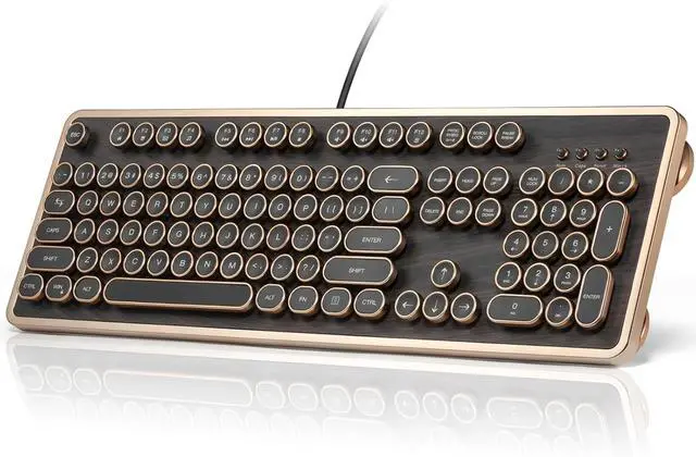 Main image of Retro Mechanical Keyboard, Wired Full-Size 104 Keys with Typewriter Round Keycaps, Wooden Grain - Dark Brown