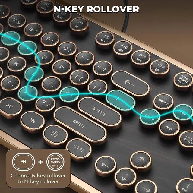 Alt view image 4 of 6 - Retro Mechanical Keyboard, Wired Full-Size 104 Keys with Typewriter Round Keycaps, Wooden Grain - Dark Brown