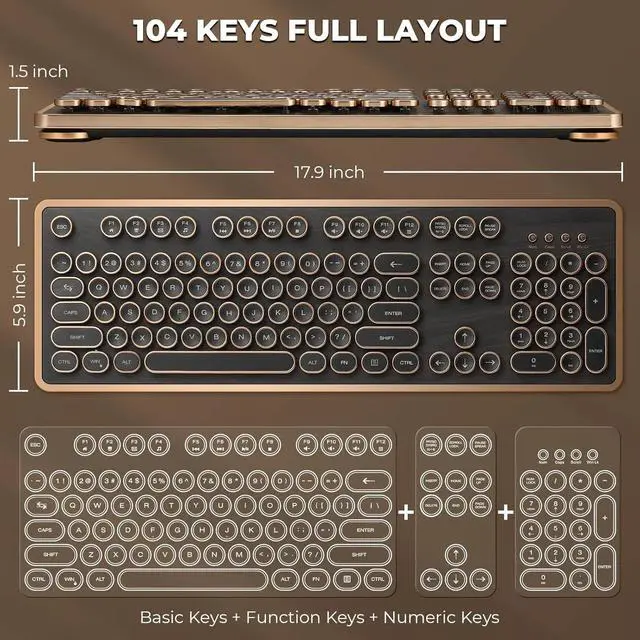 Alt view image 3 of 6 - Retro Mechanical Keyboard, Wired Full-Size 104 Keys with Typewriter Round Keycaps, Wooden Grain - Dark Brown