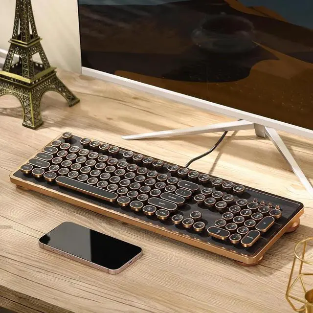 Alt view image 6 of 6 - Retro Mechanical Keyboard, Wired Full-Size 104 Keys with Typewriter Round Keycaps, Wooden Grain - Dark Brown