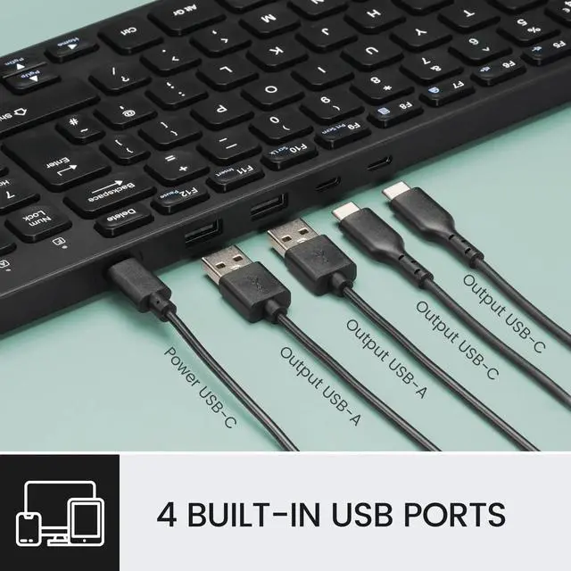 Alt view image 3 of 6 - PERIBOARD-215B , Wired Keyboard - Ultra Slim Scissor Keys - 2 Built-in USB-A & USB-C Ports - Detachable Cable - Black