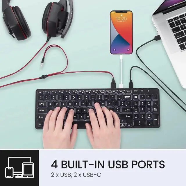 Alt view image 2 of 6 - PERIBOARD-215B , Wired Keyboard - Ultra Slim Scissor Keys - 2 Built-in USB-A & USB-C Ports - Detachable Cable - Black