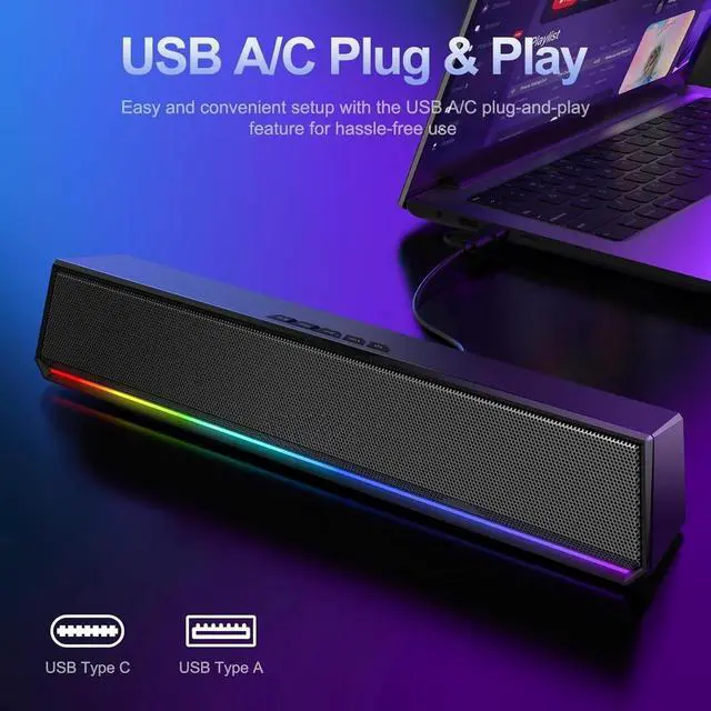 Alt view image 2 of 6 - Computer Speakers , Bluetooth 5.3 PC Speakers with Dynamic RGB Light, Wired USB Plug & Play Computer Sound Bar