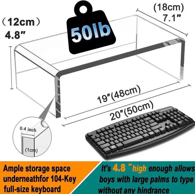 Alt view image 3 of 6 - Clear Acrylic Monitor Stand Riser 20" Laptop Keyboard Cover, Single Piece with Keyboard Protector