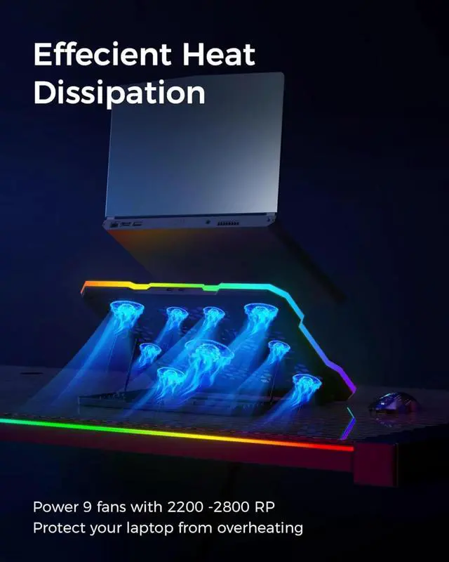 Alt view image 2 of 6 - RGB Lights Laptop Cooling Pad Retail Packaging with 9 Fans, for Screens up to 19.3 Inch, RGB