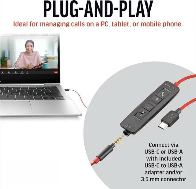 Alt view image 5 of 6 - 3225 Wired Headset (Plantronics) - Noise-Canceling Mic  Stereo Design - Connect to PC/Mac/Mobile via USB-C, USB-A