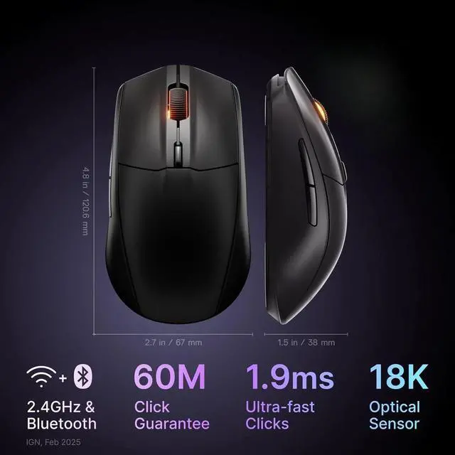 Alt view image 2 of 5 - Wireless Gaming Mouse  2.4GHz and Bluetooth  18000 DPI Air Optical Sensor  60 Million Click Durability  Black
