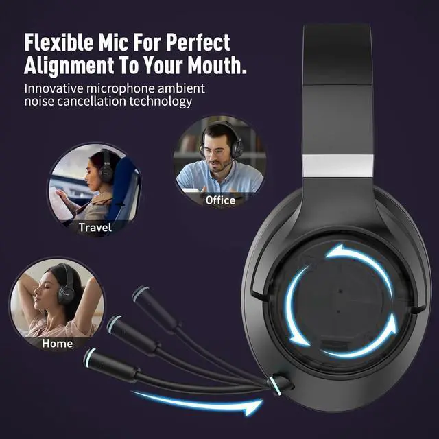 Alt view image 5 of 6 - Wireless Bluetooth Headsets with Microphone for Computer, Headphone Foldable Over Ear Soft 40H with Retractable Mic