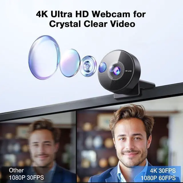 Alt view image 2 of 5 - C950 4K Webcam for PC - 8 Megapixels 4K UHD, PDAF Autofocus, Noise-Canceling Mic, 70° FOV, 1080P@60FPS, Privacy Cover, USB 2.0 Plug&Play, No Tripod Hole, Ideal Webcam for Zoom/Teams/Google Meet