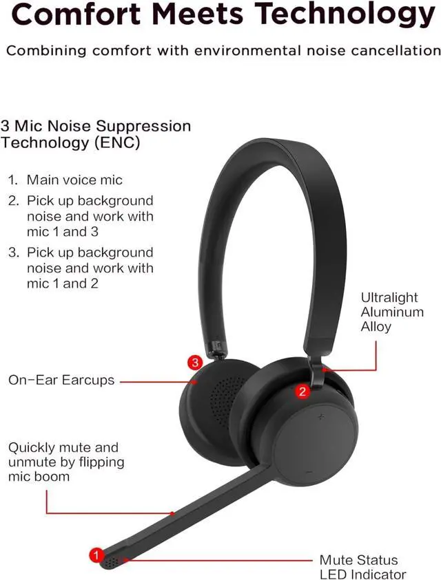 Alt view image 5 of 5 - Wireless Stereo Headset, Noise Cancelling Mic, Bluetooth 5.3 Multipoint, 31-Hour Talk & 60-Hour Playback, Lightweight 138g