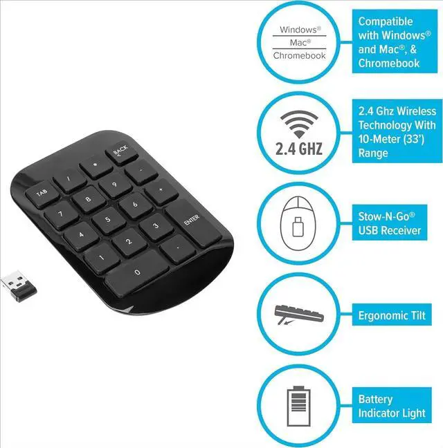 Alt view image 6 of 6 - Wireless Numeric Keypad with Nano USB Receiver & Battery Life Indicator, Black