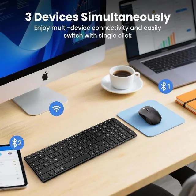 Alt view image 4 of 6 - Wireless Bluetooth Keyboard and Mouse Combo (USB + Dual BT), Multi-Device Slim Keyboard and Mouse Set Compatible