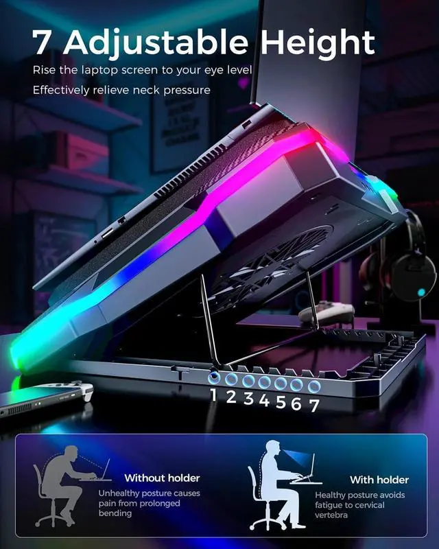 Alt view image 3 of 6 - Laptop Cooling Pad, Laptop Fan Cooling Pad with 5.5inch RGB External Fan, Rapid Cooling Laptop 15.6-19.3inch