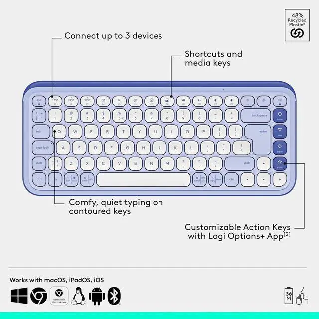 Alt view image 6 of 6 - Bluetooth Keyboard and Mouse Combo, Comfortable Typing, programmable Keys and Buttons, Quiet clicks - Lilac
