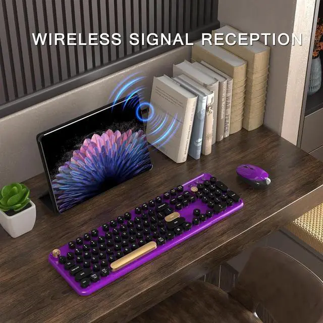 Alt view image 2 of 6 - Colorful Wireless Computer Keyboard and Mouse with Round Typewriter Keycaps, Ergonomic Design, 2.4GHz Wireless for Windows, Mac, PC(Black-Purple)