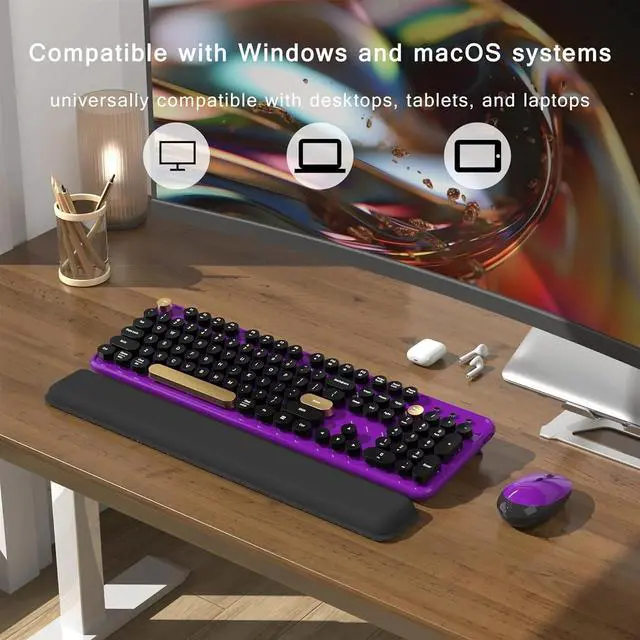 Alt view image 3 of 6 - Colorful Wireless Computer Keyboard and Mouse with Round Typewriter Keycaps, Ergonomic Design, 2.4GHz Wireless for Windows, Mac, PC(Black-Purple)