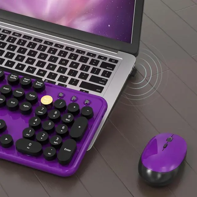 Alt view image 4 of 6 - Colorful Wireless Computer Keyboard and Mouse with Round Typewriter Keycaps, Ergonomic Design, 2.4GHz Wireless for Windows, Mac, PC(Black-Purple)