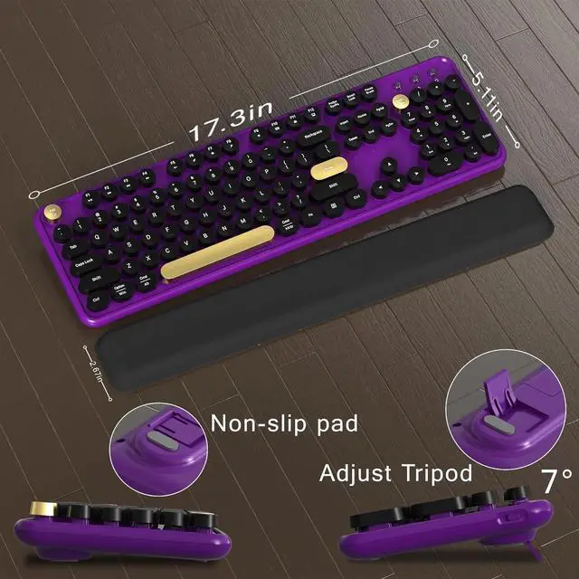 Alt view image 6 of 6 - Colorful Wireless Computer Keyboard and Mouse with Round Typewriter Keycaps, Ergonomic Design, 2.4GHz Wireless for Windows, Mac, PC(Black-Purple)