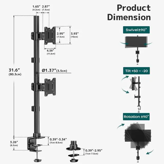 Alt view image 4 of 5 - Dual Vertically Stacked Ultrawide Monitor Desk Mount 17-49 Inch - for 2 monitores,Weight 2-20 kg per Arm,VESA 75/100 mm