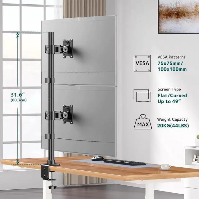 Alt view image 3 of 5 - Dual Vertically Stacked Ultrawide Monitor Desk Mount 17-49 Inch - for 2 monitores,Weight 2-20 kg per Arm,VESA 75/100 mm
