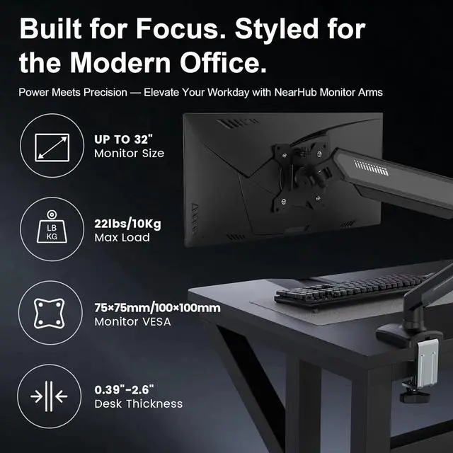 Alt view image 2 of 4 - Single Monitor Mount Arm for 13-32" Up 22 lbs Screens | VESA 75x75/100x100 | Clamp/Grommet Base,180° Swivel, Tilt +90° to -45°, 360°Rotation