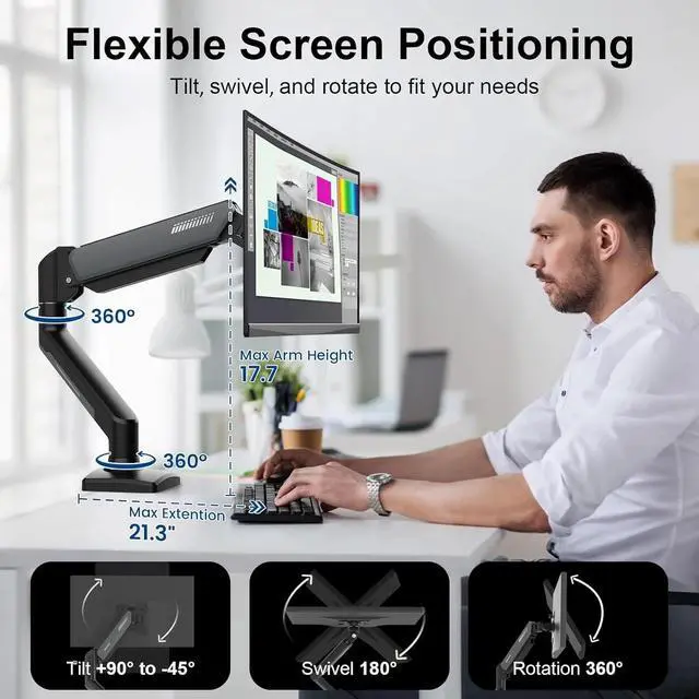 Alt view image 3 of 4 - Single Monitor Mount Arm for 13-32" Up 22 lbs Screens | VESA 75x75/100x100 | Clamp/Grommet Base,180° Swivel, Tilt +90° to -45°, 360°Rotation