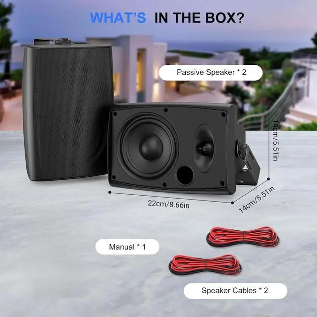 Alt view image 4 of 4 - 4" Passive Outdoor Speakers Waterproof Wired, 200W Wall Mount Speakers with Superior Sound, for Patio/Deck/Backyard (Pair, Black)