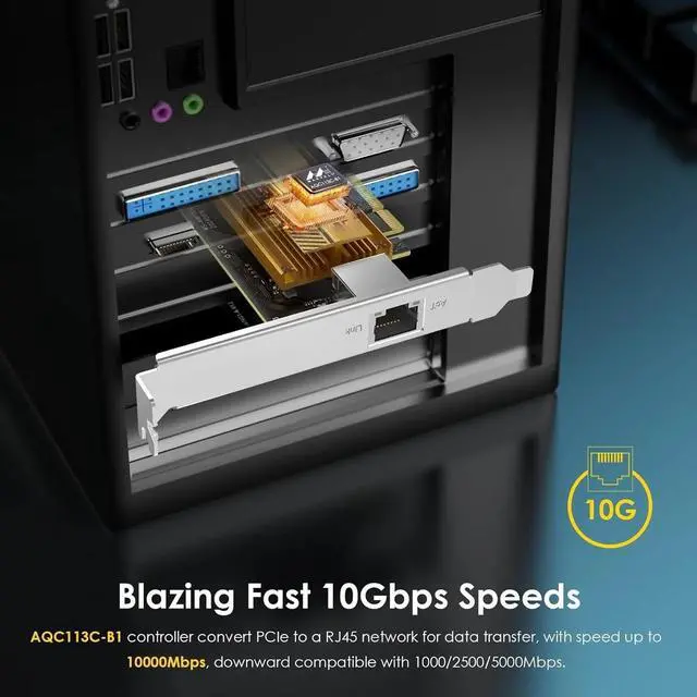 Alt view image 3 of 3 - 10G Base-T PCIe Network Card, 10000/5000/2500Mbps PCI Express Ethernet Adapter with AQC113 Controller, 10G NIC