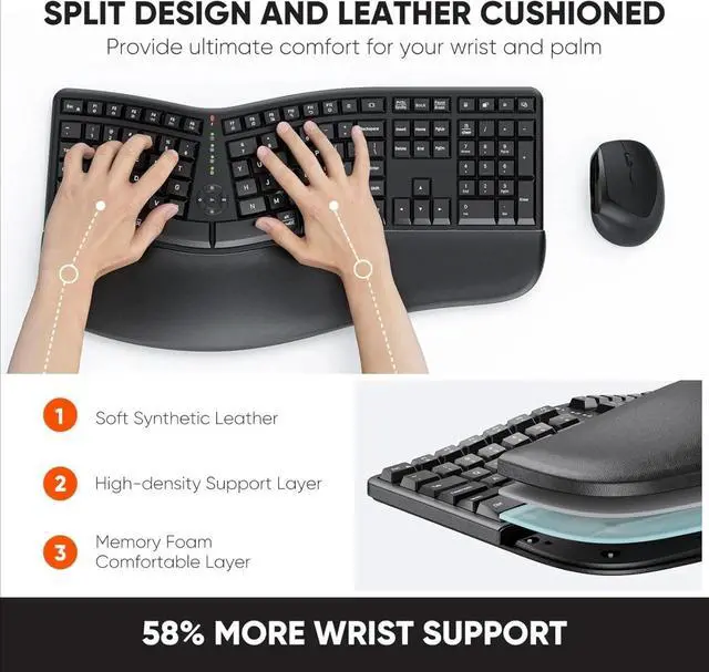 Alt view image 2 of 5 - Ergo Keyboard with Vertical Mouse, Split Curved Keyboard with Wrist Rest, Natural Typing Rechargeable Full Size, Windows/Mac/Computer/Laptop