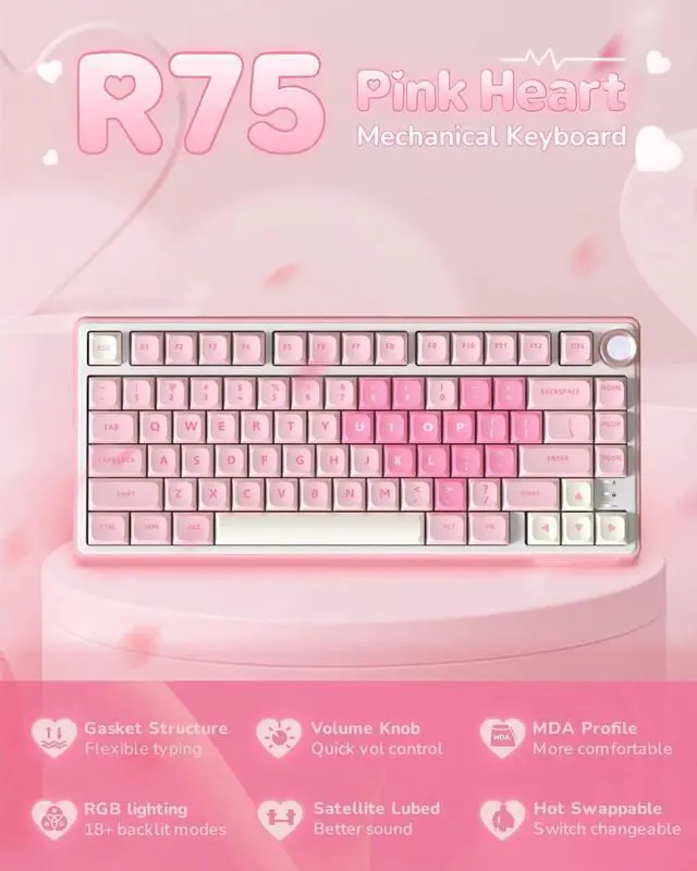 Alt view image 2 of 4 - R75 Mechanical Keyboard Wired with Volume Knob, 75% Keyboard Gasket Mounted, MDA Profile, PBT Keycaps, Pink