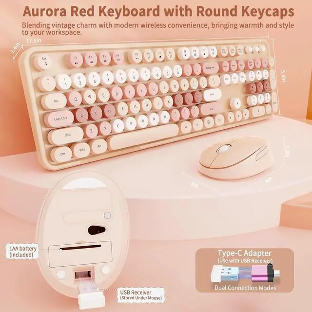 Alt view image 3 of 4 - Wireless Keyboard and Mouse Combo, Full-Size Retro Typewriter Keyboard with Round Keycaps, Ergonomic Design for Windows PC -Brown