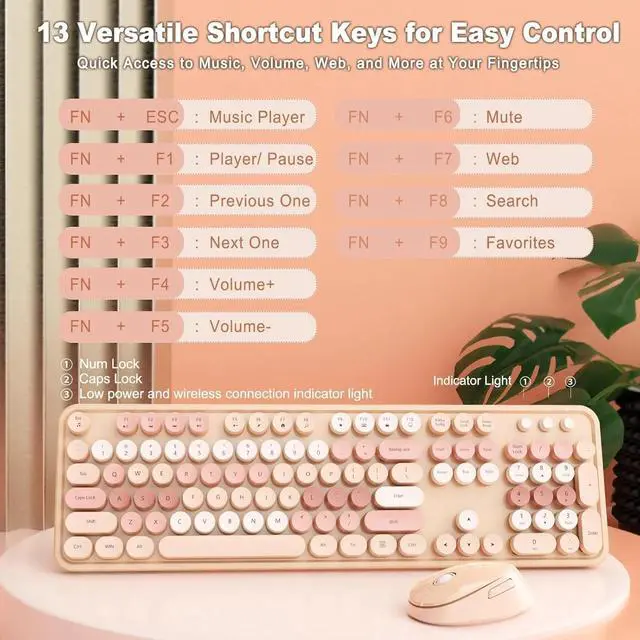 Alt view image 4 of 4 - Wireless Keyboard and Mouse Combo, Full-Size Retro Typewriter Keyboard with Round Keycaps, Ergonomic Design for Windows PC -Brown
