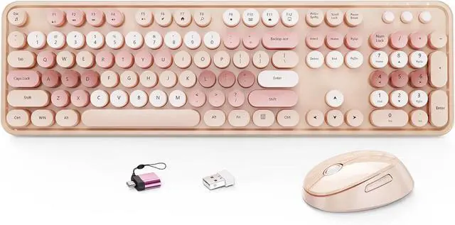 Main image of Wireless Keyboard and Mouse Combo, Full-Size Retro Typewriter Keyboard with Round Keycaps, Ergonomic Design for Windows PC -Brown