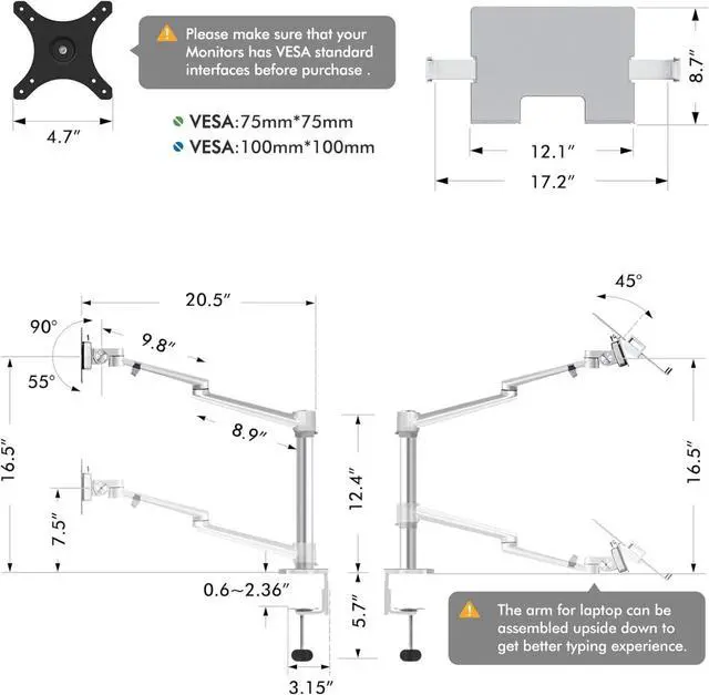 Alt view image 5 of 5 - Height Adjustable Single Arm Mount Support 12-17 inch Laptop/Notebook/Tablet, Free Removable VESA 75X75 and 100X100 for Monitor 17-32 inch