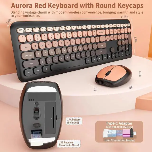 Alt view image 4 of 4 - Wireless Keyboard and Mouse Combo, Full-Size Retro Typewriter Keyboard with Round Keycaps, Ergonomic Design for Windows PC