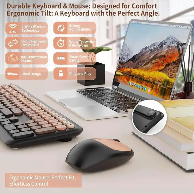 Alt view image 3 of 4 - Wireless Keyboard and Mouse Combo, Full-Size Retro Typewriter Keyboard with Round Keycaps, Ergonomic Design for Windows PC