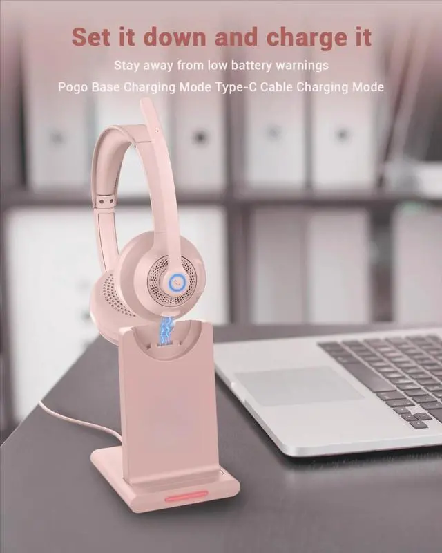 Alt view image 2 of 6 - AI Noise Cancelling Microphone Bluetooth Headset - Bluetooth V5.2 Headphones with Mic Mute for Computer/Laptop/PC/iPhone/Android/Cell Phones (Pink)