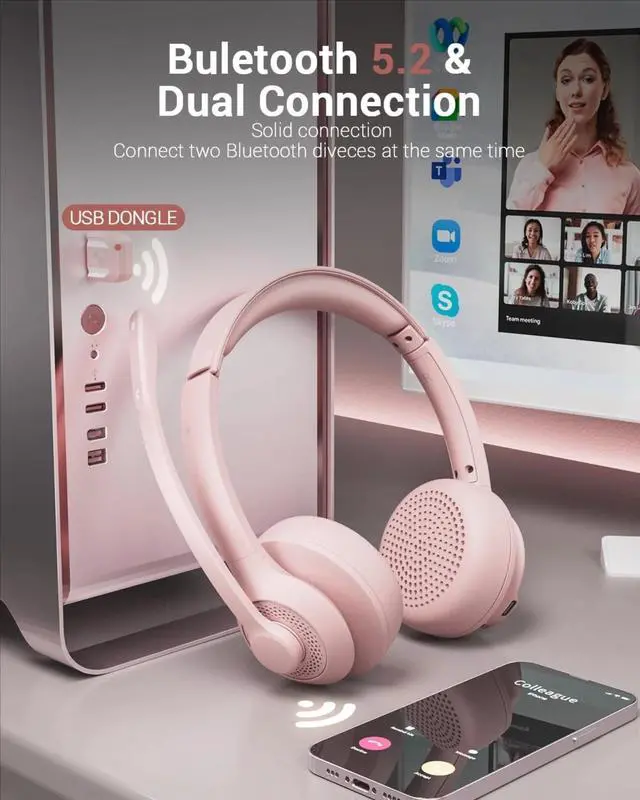 Alt view image 3 of 6 - AI Noise Cancelling Microphone Bluetooth Headset - Bluetooth V5.2 Headphones with Mic Mute for Computer/Laptop/PC/iPhone/Android/Cell Phones (Pink)