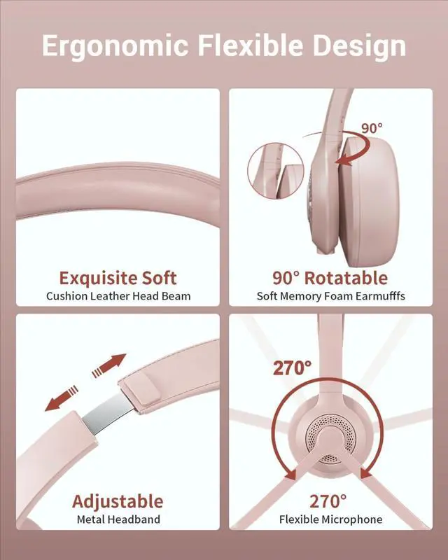 Alt view image 5 of 6 - AI Noise Cancelling Microphone Bluetooth Headset - Bluetooth V5.2 Headphones with Mic Mute for Computer/Laptop/PC/iPhone/Android/Cell Phones (Pink)