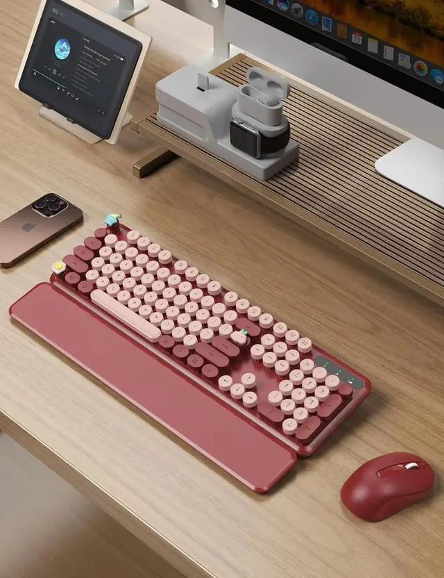 Alt view image 4 of 4 - Wireless Keyboard and Mouse Combo - Foldable Legs, 2.4GHz Full-Size Keyboard for PC, Laptop, Windows - (Wine Red)