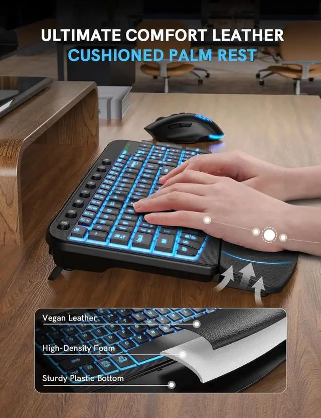 Alt view image 2 of 5 - Ergonomic Wireless Keyboard and Mouse Combo - Wave Keyboard with Leather Wrist Rest, RGB Backlit Rechargeable Set for PC/Mac/Chromebook (Black)