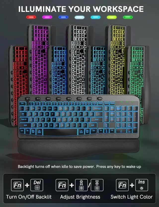 Alt view image 3 of 5 - Ergonomic Wireless Keyboard and Mouse Combo - Wave Keyboard with Leather Wrist Rest, RGB Backlit Rechargeable Set for PC/Mac/Chromebook (Black)