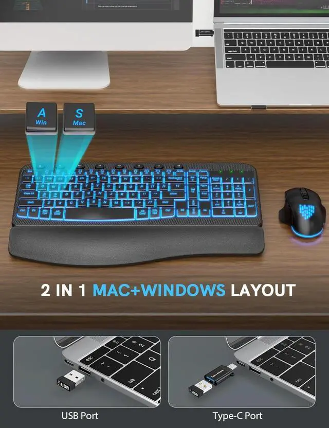 Alt view image 5 of 5 - Ergonomic Wireless Keyboard and Mouse Combo - Wave Keyboard with Leather Wrist Rest, RGB Backlit Rechargeable Set for PC/Mac/Chromebook (Black)