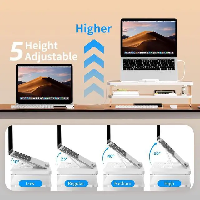 Alt view image 2 of 5 - 2-Tier Laptop Stand Adjustable Riser Holder,Ventilated Cooling Ergonomic Computer Desk Organizer for 10-17.3" Notebook